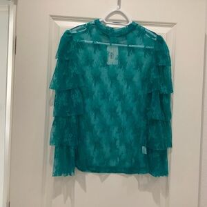 Turquiose Haven Sheer Mesh Teal Layered Ruffle Sleeve Blouse - Size M - NWT